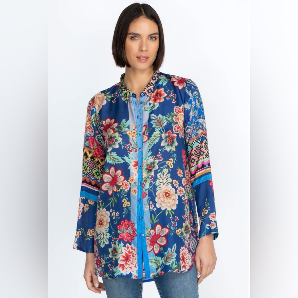 Johnny Was Hebea Della Silk Floral Button Up Tunic Blouse - Picture 5 of 5